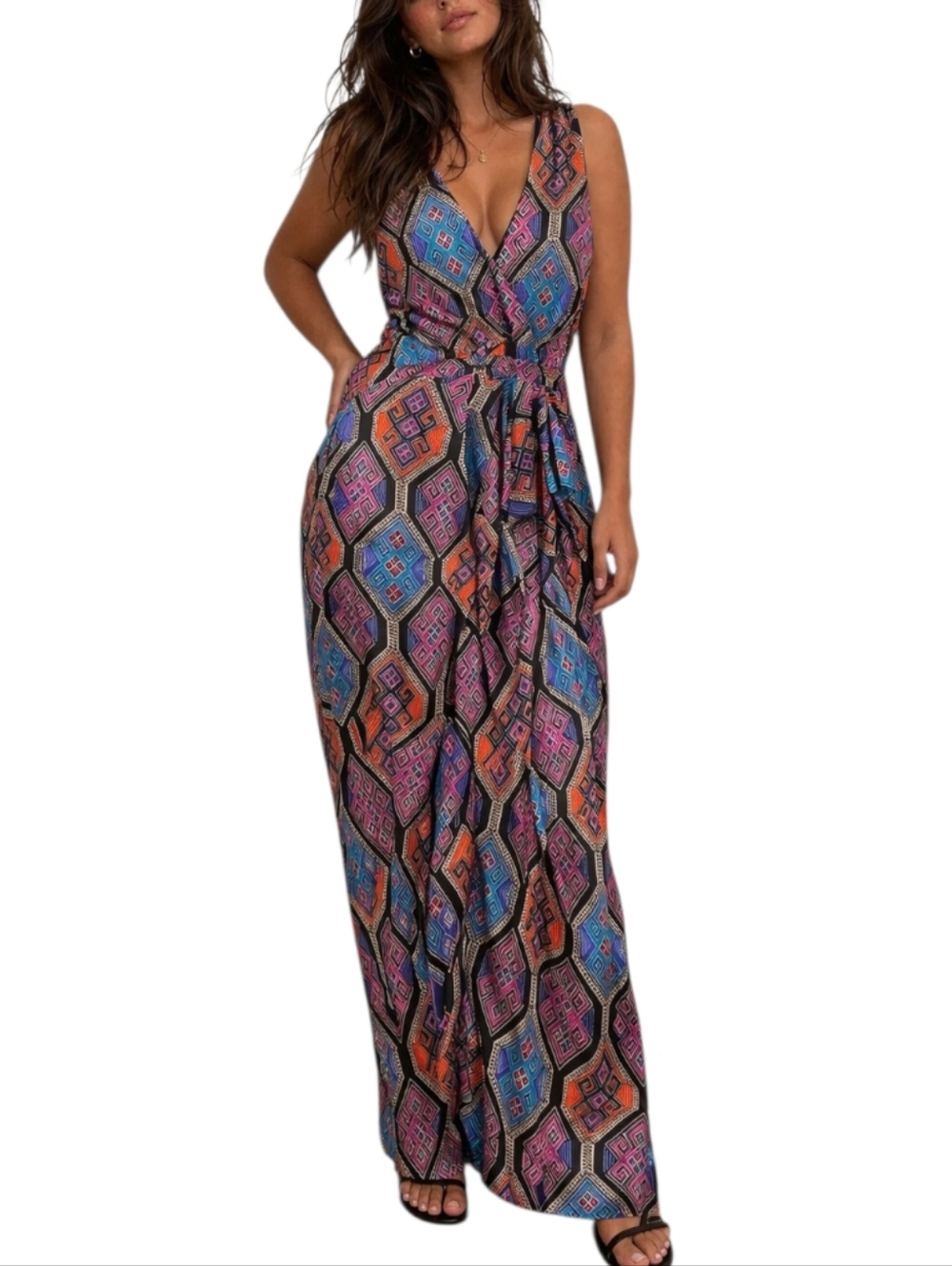 Mara Hoffan Silk Multi Colored Geometric Long Maxi Dress Size 4